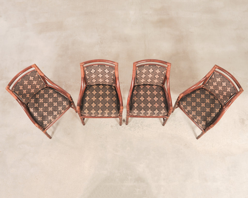 Set of Four McGuire Rattan Target Upholstered Dining Armchairs