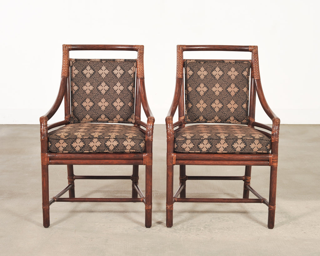 Set of Four McGuire Rattan Target Upholstered Dining Armchairs