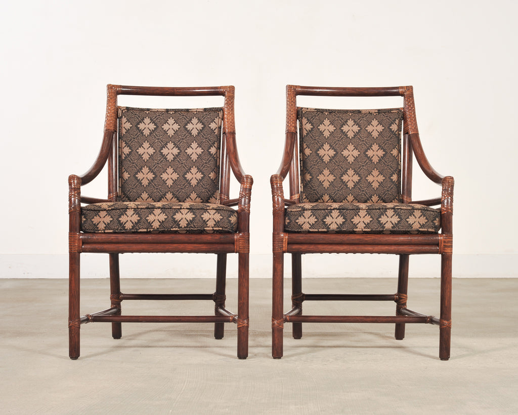 Set of Four McGuire Rattan Target Upholstered Dining Armchairs