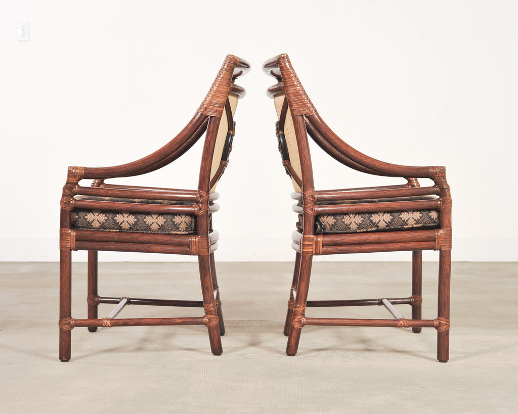 Set of Four McGuire Rattan Target Upholstered Dining Armchairs