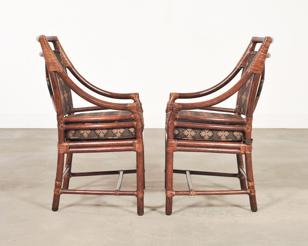 Set of Four McGuire Rattan Target Upholstered Dining Armchairs