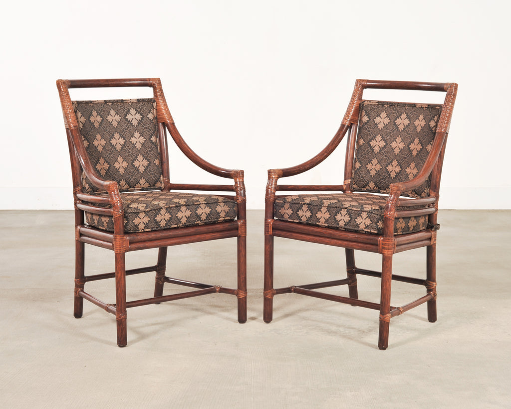 Set of Four McGuire Rattan Target Upholstered Dining Armchairs