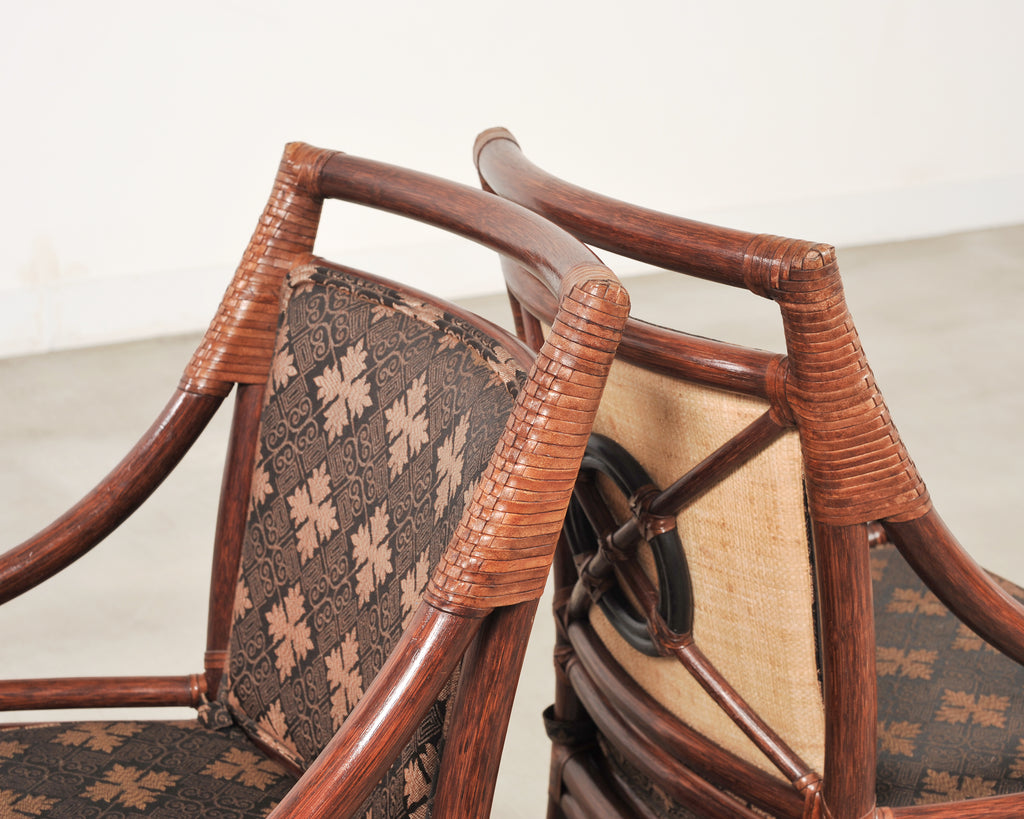 Set of Four McGuire Rattan Target Upholstered Dining Armchairs