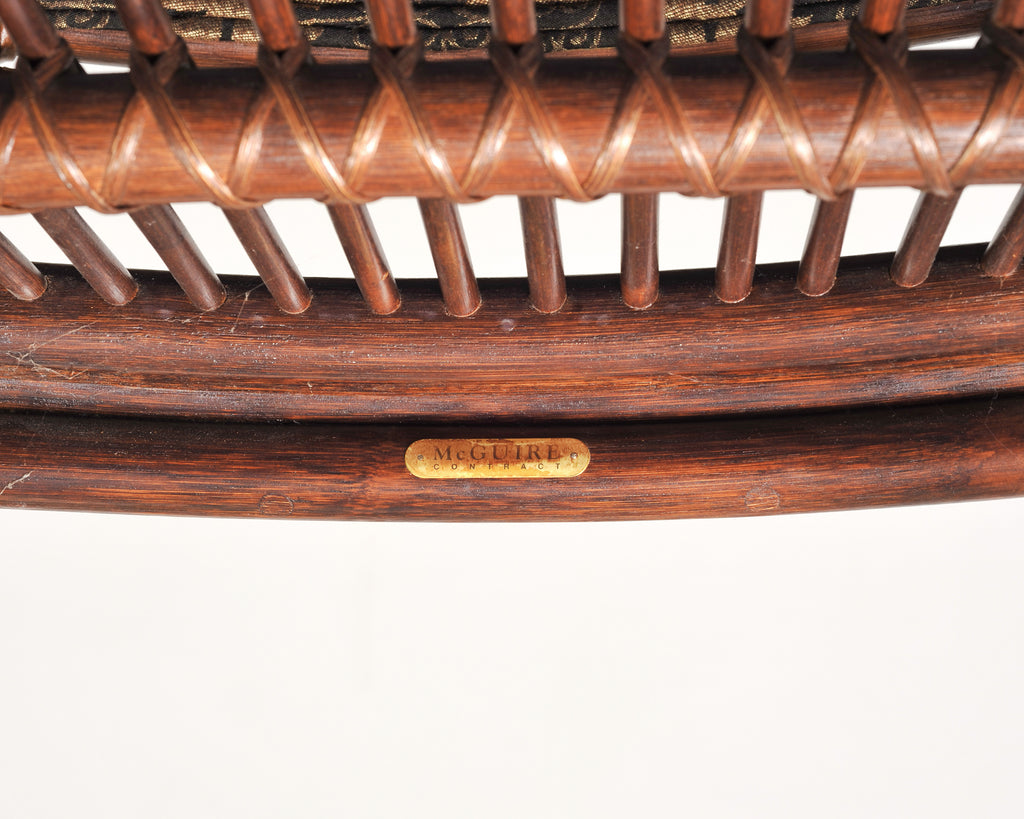 Set of Four McGuire Rattan Target Upholstered Dining Armchairs