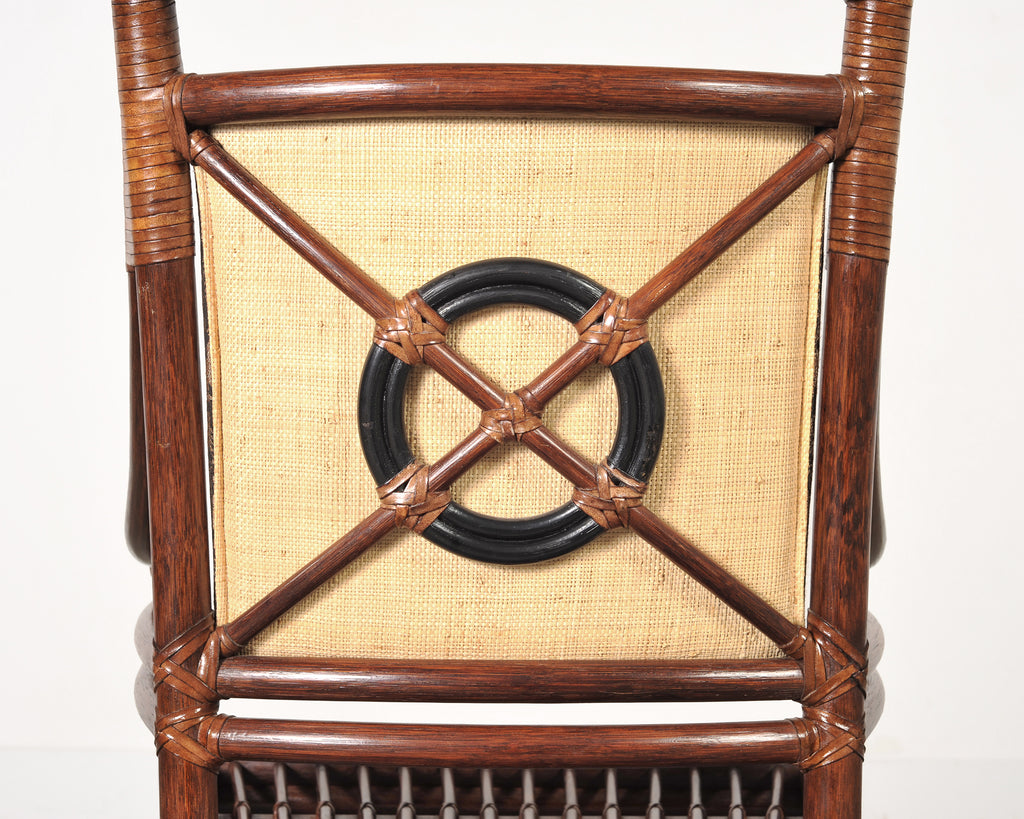 Set of Four McGuire Rattan Target Upholstered Dining Armchairs