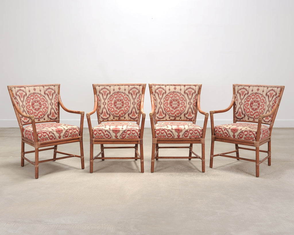 Set of Four McGuire Spindle-Back Rattan Ikat Dining Armchairs