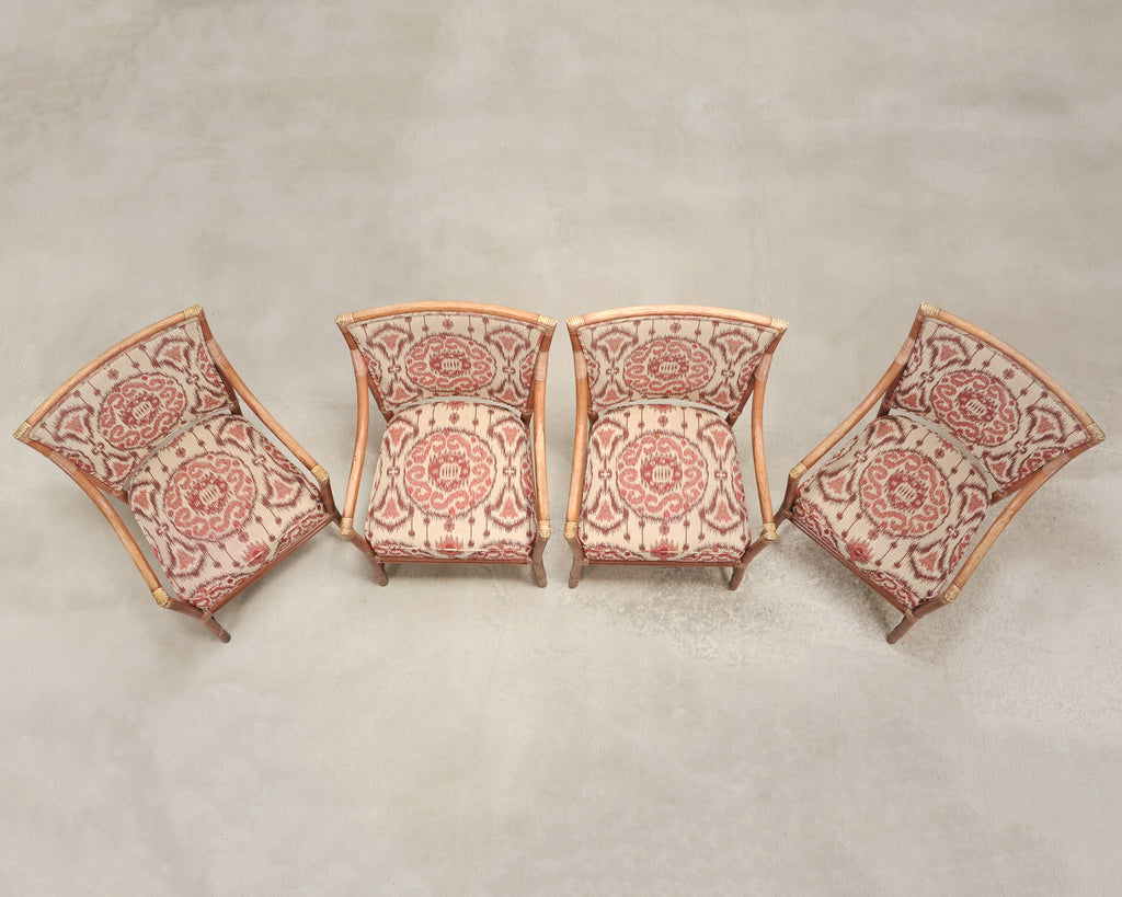 Set of Four McGuire Spindle-Back Rattan Ikat Dining Armchairs