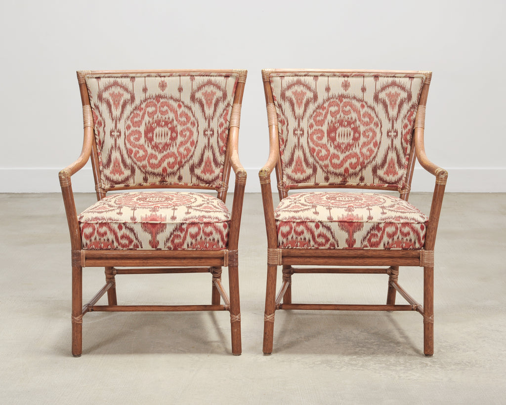 Set of Four McGuire Spindle-Back Rattan Ikat Dining Armchairs