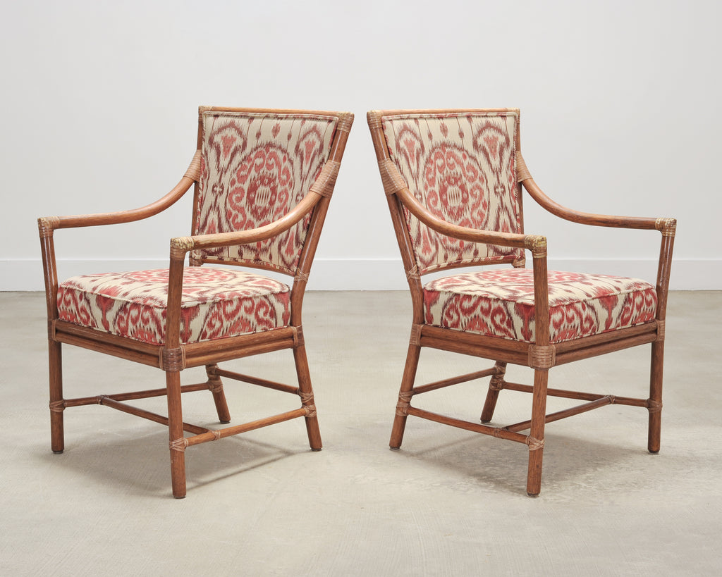 Set of Four McGuire Spindle-Back Rattan Ikat Dining Armchairs