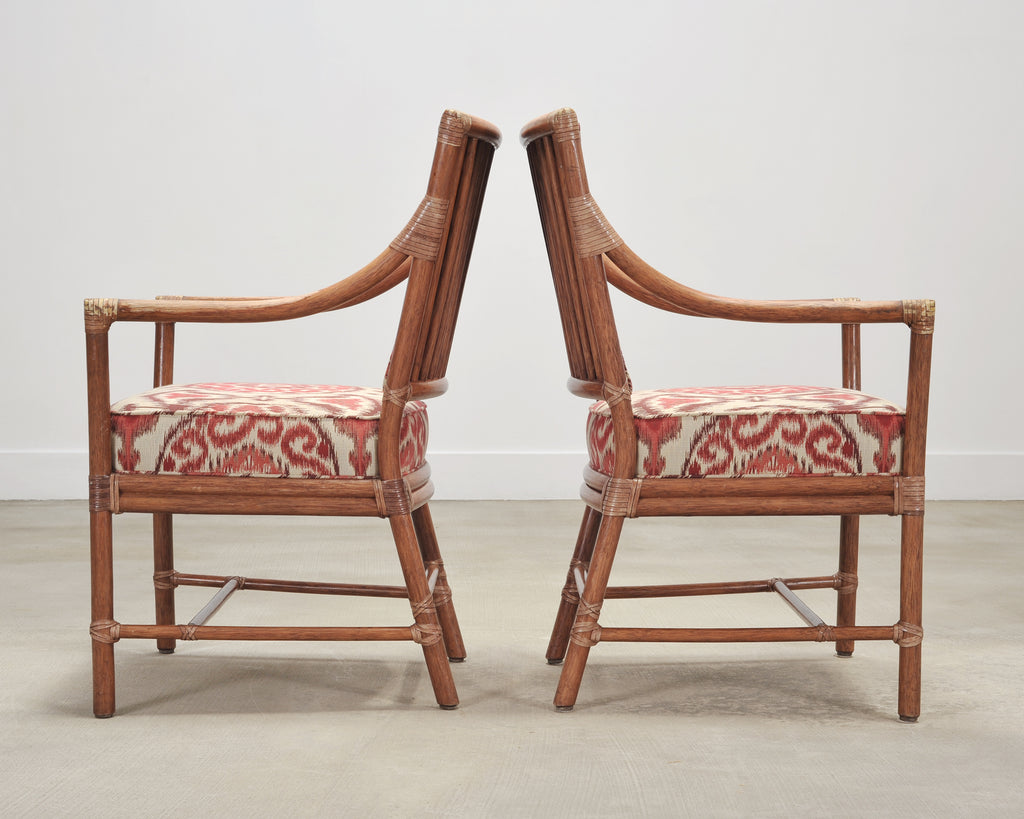 Set of Four McGuire Spindle-Back Rattan Ikat Dining Armchairs