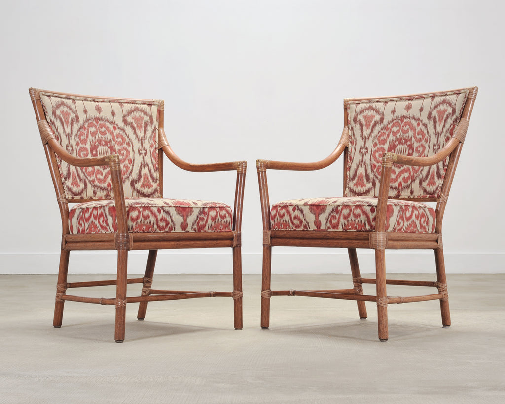 Set of Four McGuire Spindle-Back Rattan Ikat Dining Armchairs