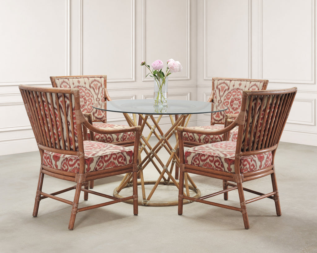 Set of Four McGuire Spindle-Back Rattan Ikat Dining Armchairs