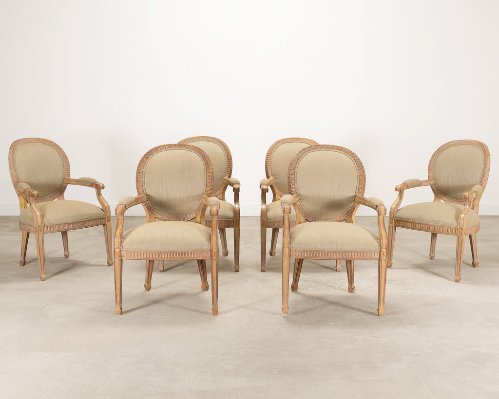 Set of Six Kreiss Louis XVI Style Cerused Oak Dining Armchairs