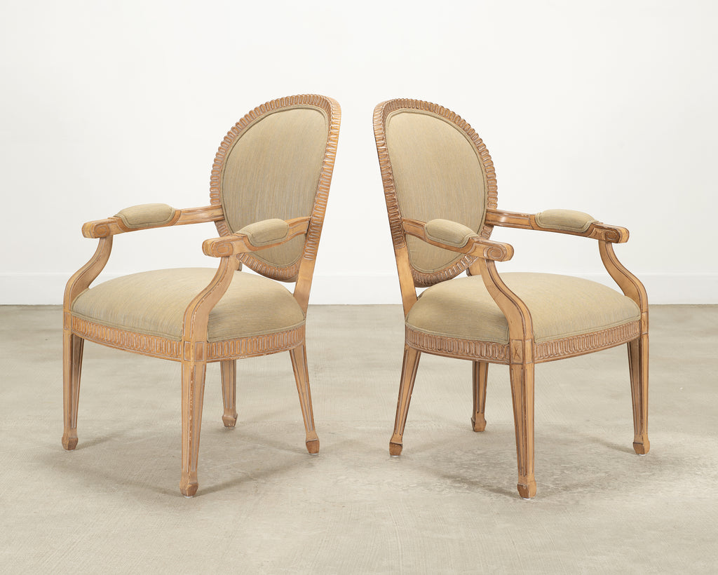 Set of Six Kreiss Louis XVI Style Cerused Oak Dining Armchairs