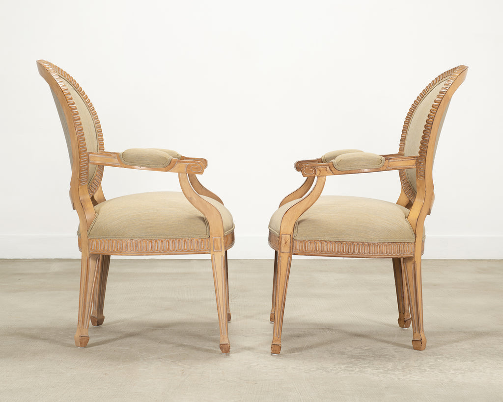 Set of Six Kreiss Louis XVI Style Cerused Oak Dining Armchairs