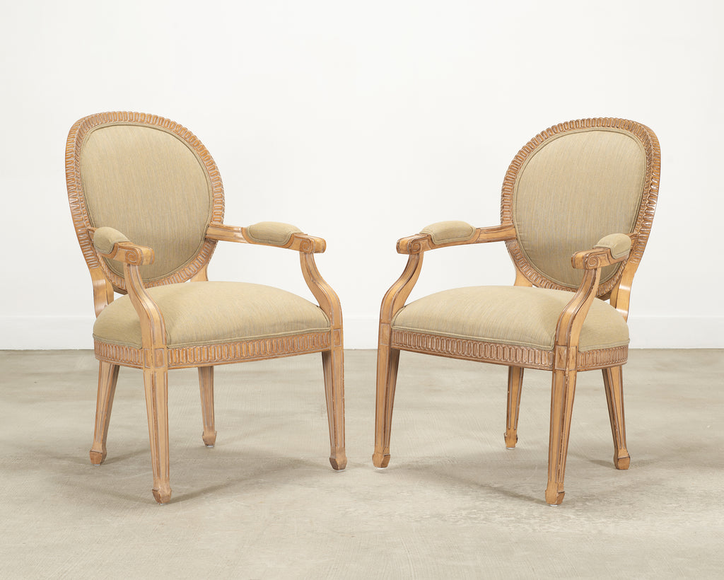 Set of Six Kreiss Louis XVI Style Cerused Oak Dining Armchairs