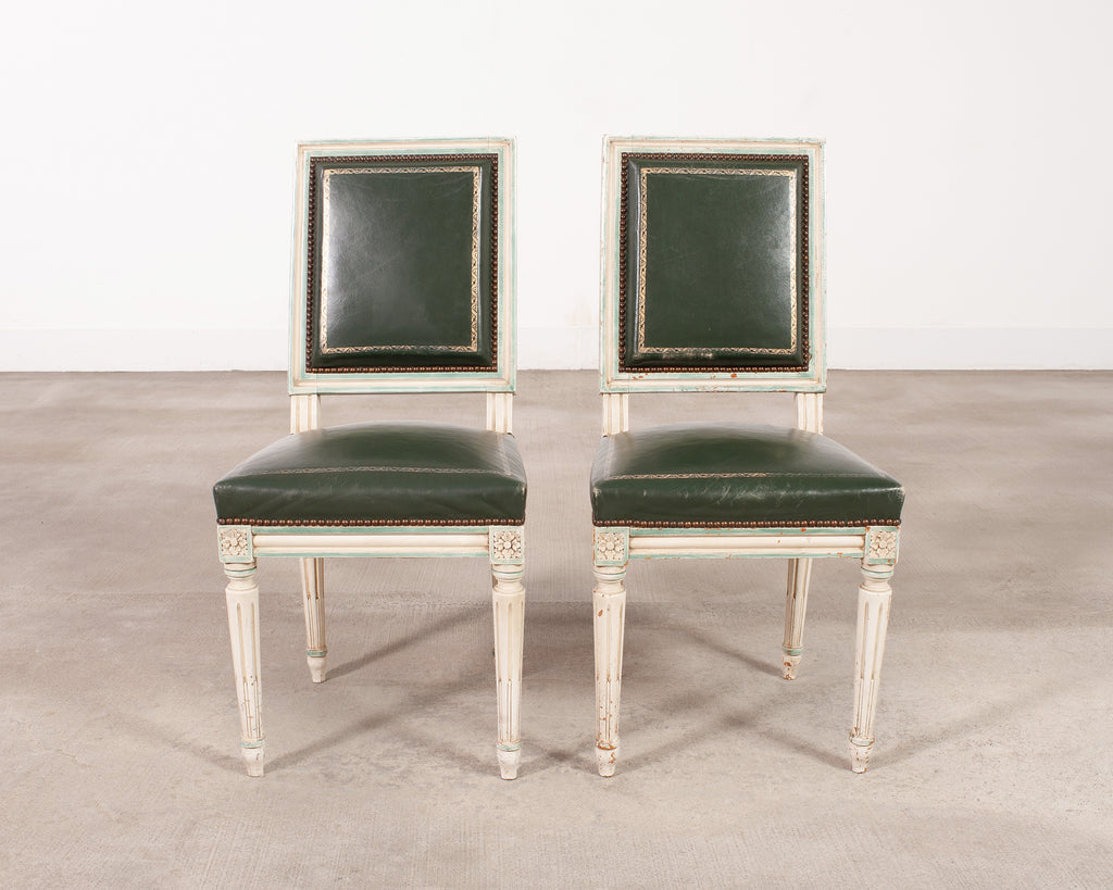 Set of Six Louis XVI Style Painted Dining Chairs Green Leather