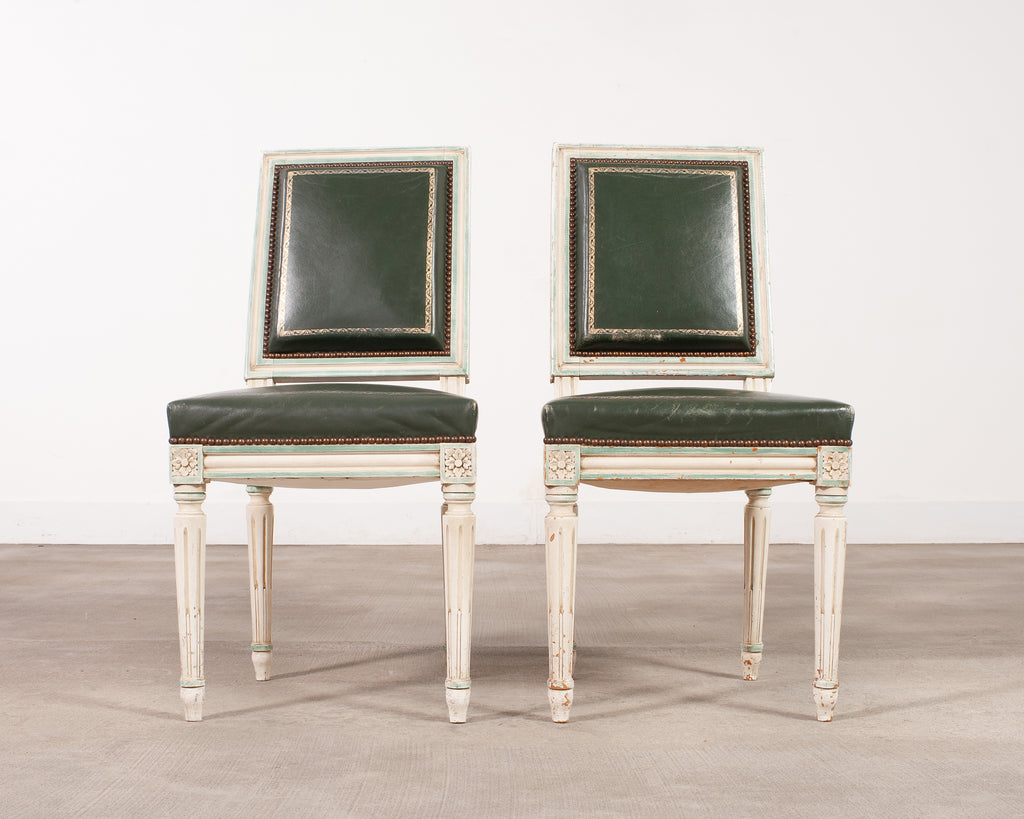 Set of Six Louis XVI Style Painted Dining Chairs Green Leather