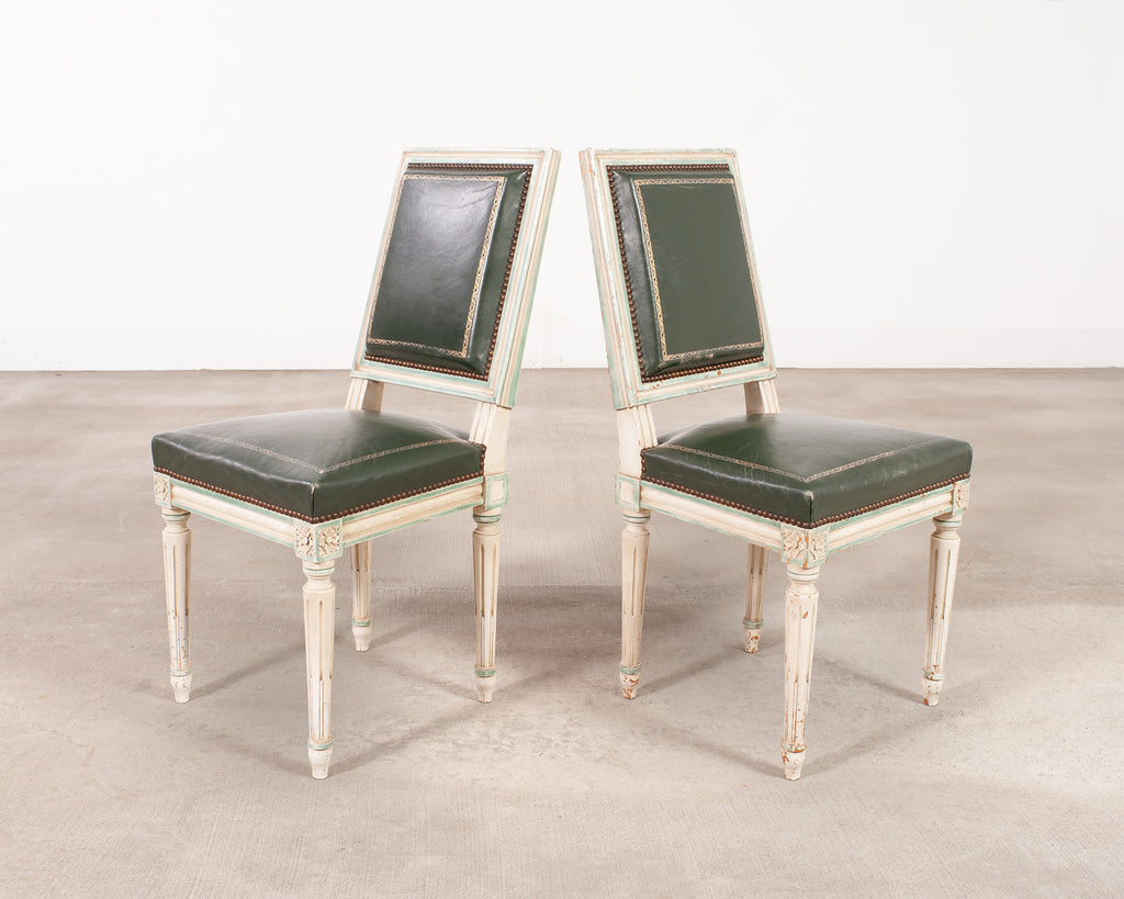 Set of Six Louis XVI Style Painted Dining Chairs Green Leather