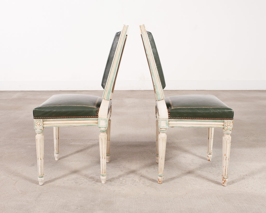 Set of Six Louis XVI Style Painted Dining Chairs Green Leather