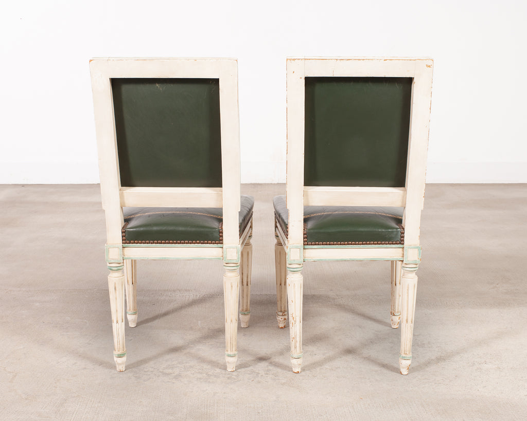 Set of Six Louis XVI Style Painted Dining Chairs Green Leather