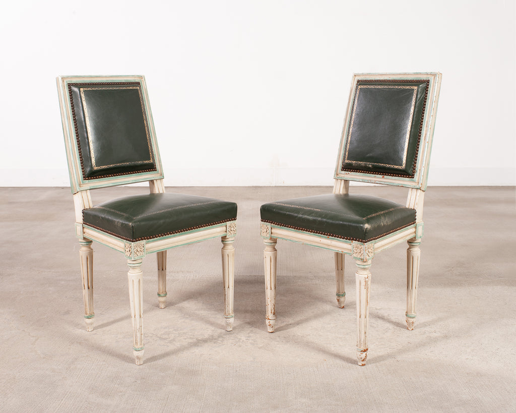 Set of Six Louis XVI Style Painted Dining Chairs Green Leather