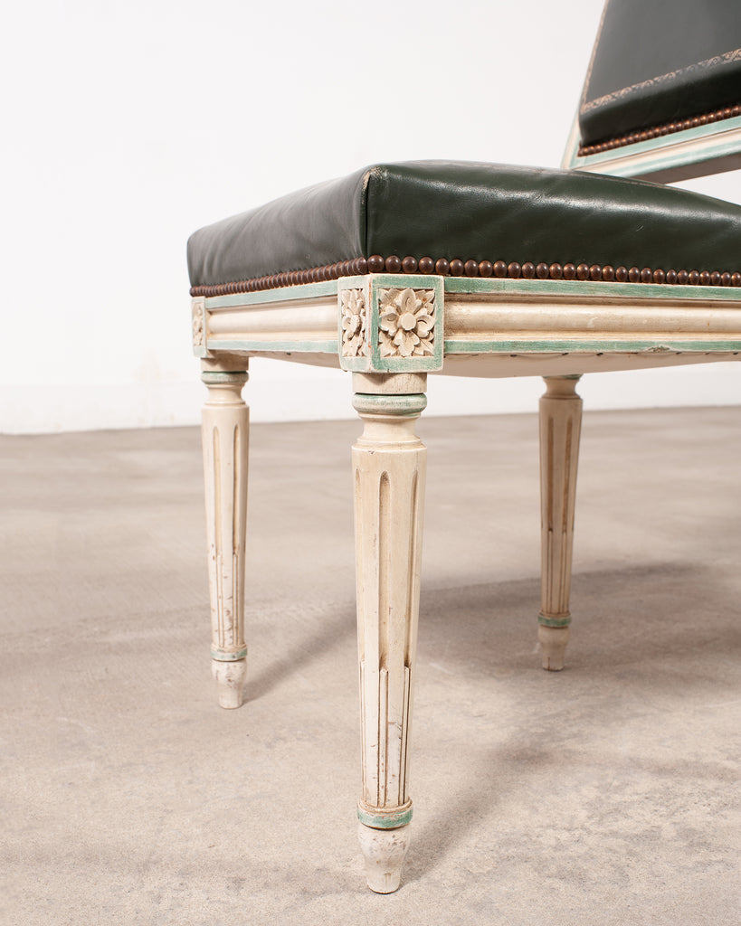 Set of Six Louis XVI Style Painted Dining Chairs Green Leather