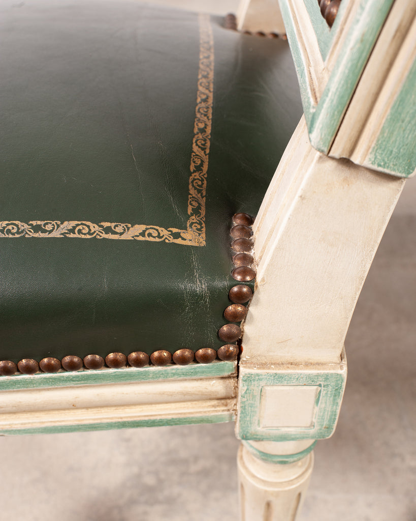 Set of Six Louis XVI Style Painted Dining Chairs Green Leather