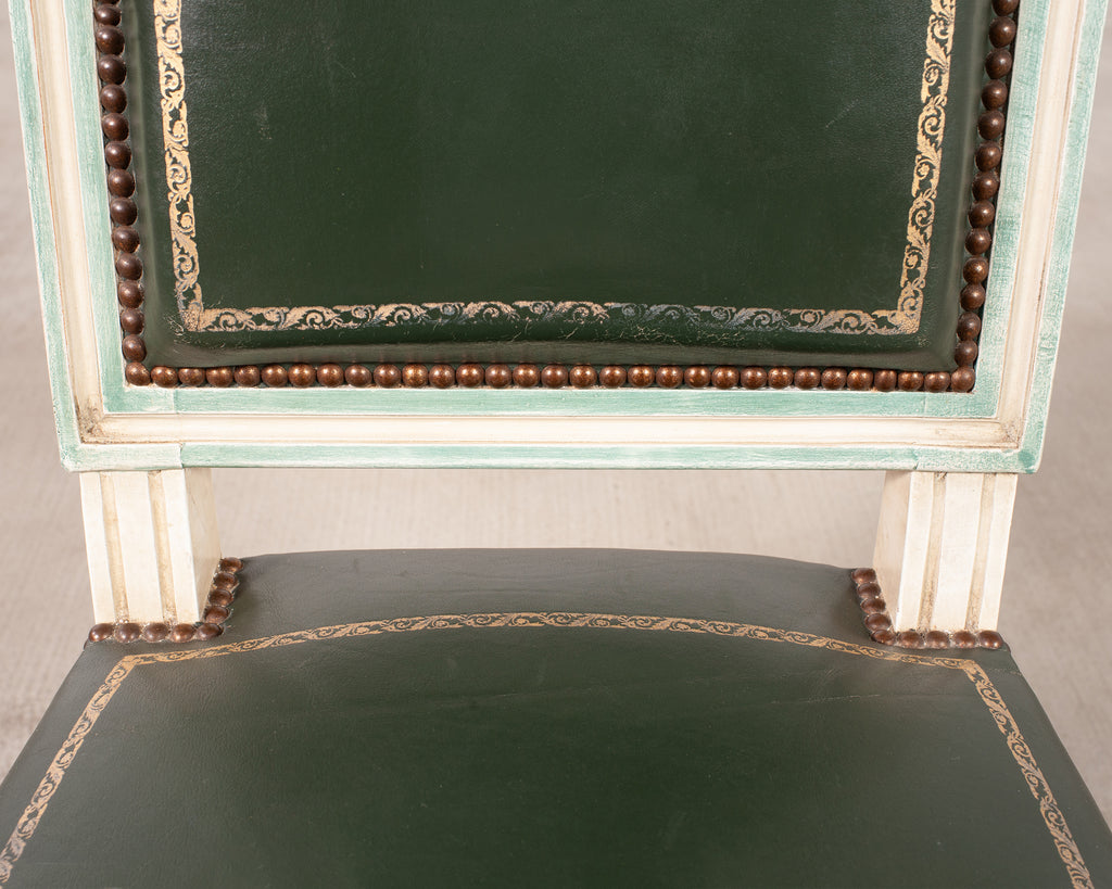Set of Six Louis XVI Style Painted Dining Chairs Green Leather