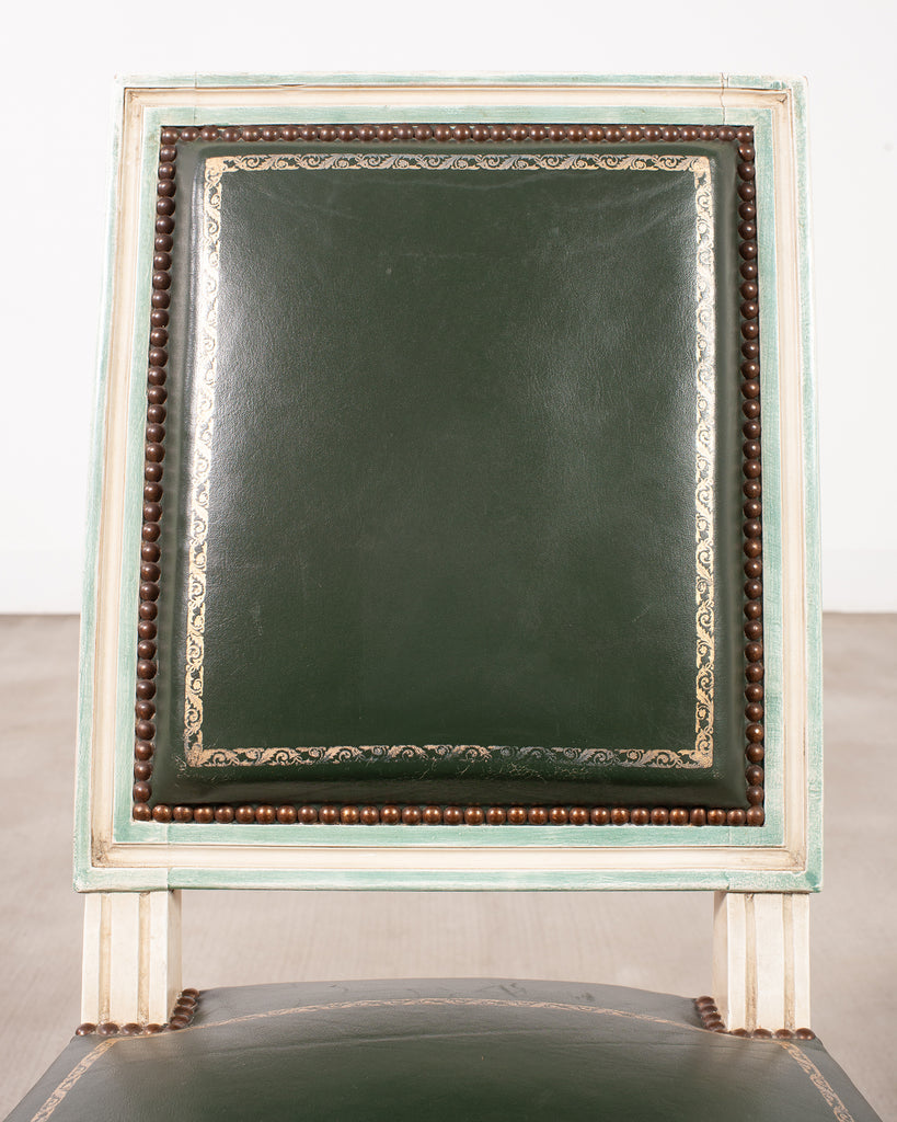 Set of Six Louis XVI Style Painted Dining Chairs Green Leather
