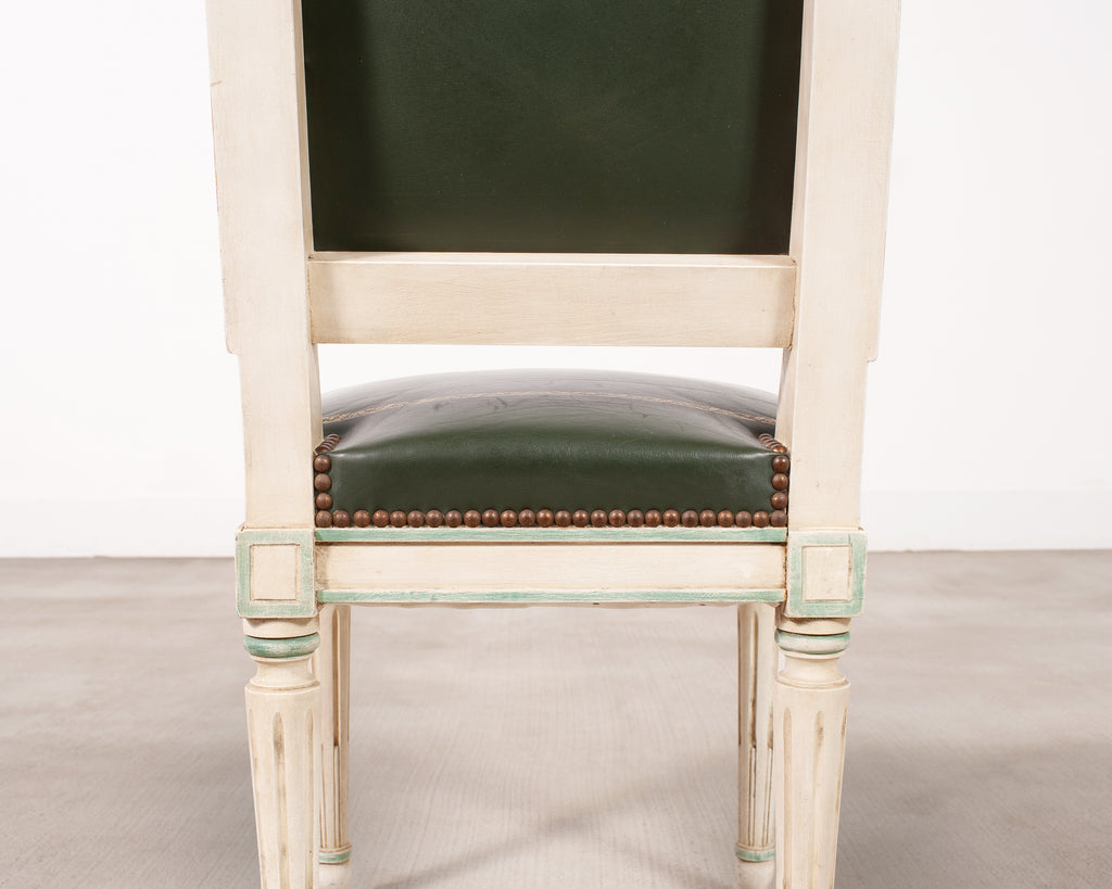 Set of Six Louis XVI Style Painted Dining Chairs Green Leather