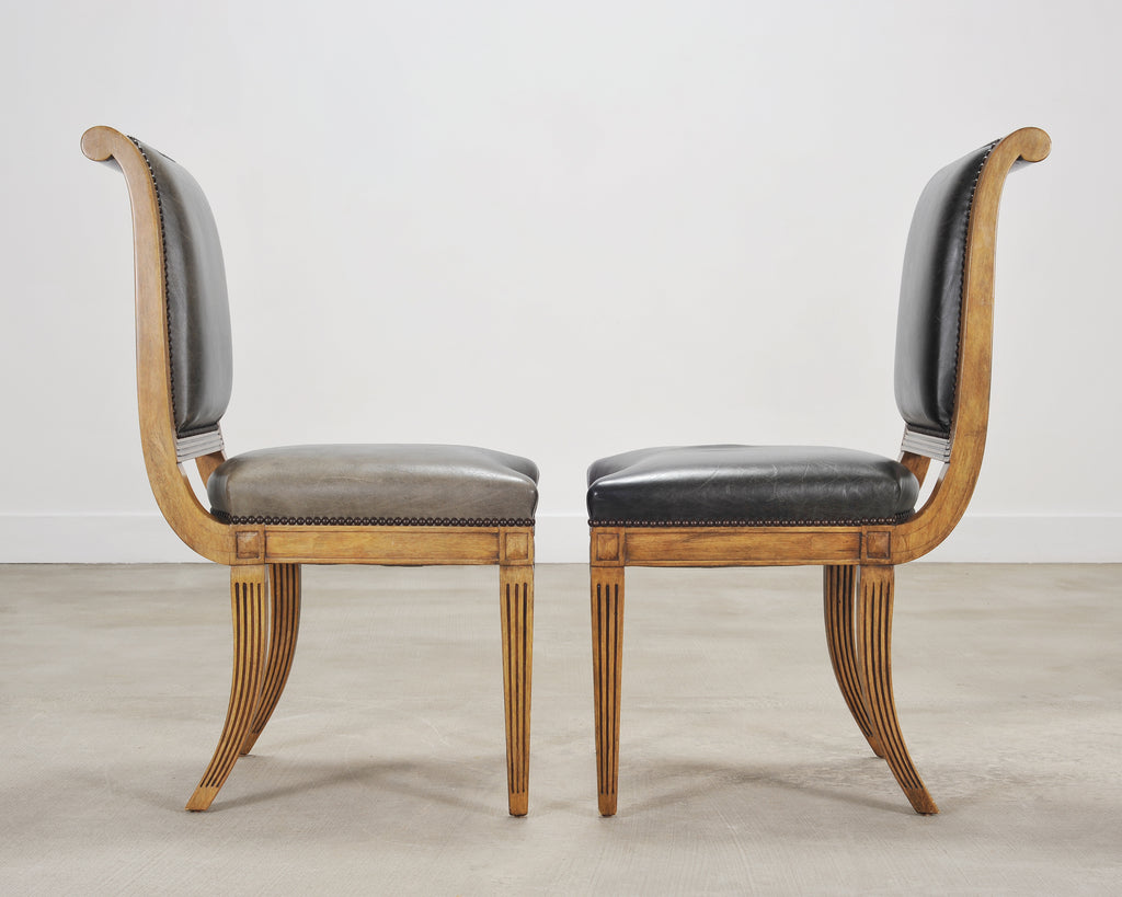 Set of Six Michael Taylor Regency Style Leather Dining Chairs