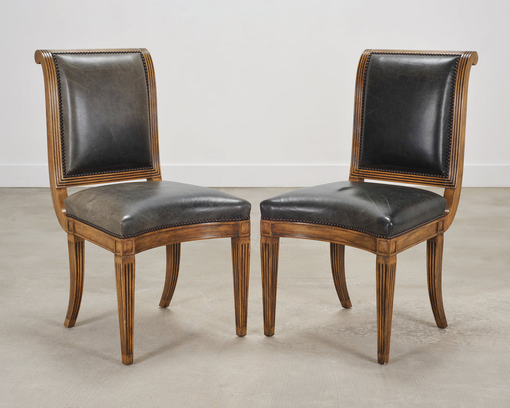 Set of Six Michael Taylor Regency Style Leather Dining Chairs