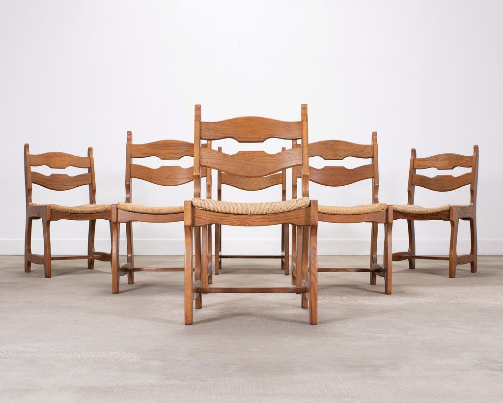 Set of Six French Brutalist Razor Blade Oak Rush Dining Chairs