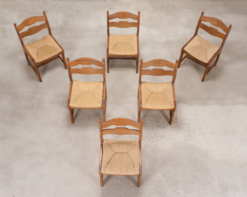 Set of Six French Brutalist Razor Blade Oak Rush Dining Chairs