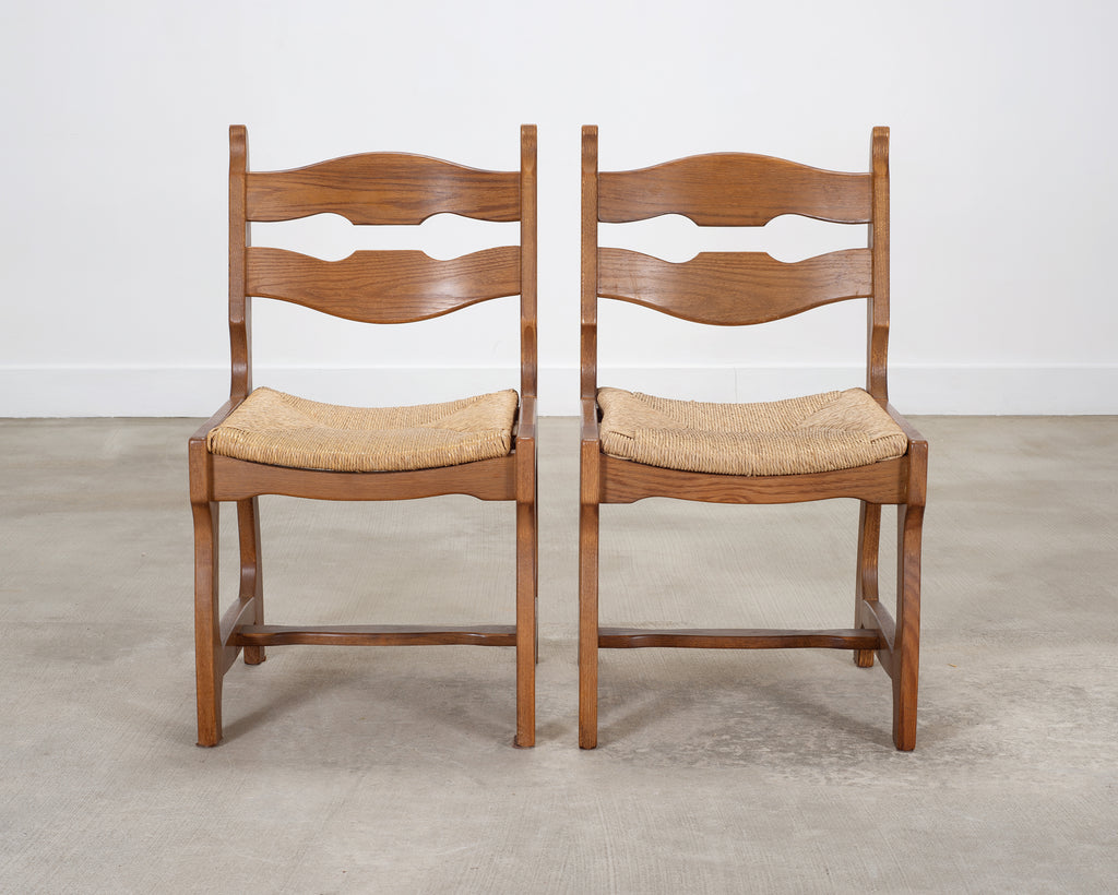 Set of Six French Brutalist Razor Blade Oak Rush Dining Chairs