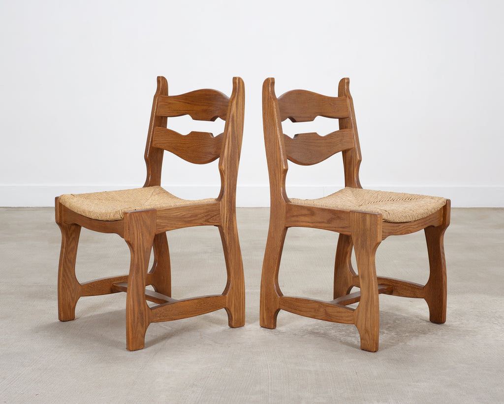 Set of Six French Brutalist Razor Blade Oak Rush Dining Chairs