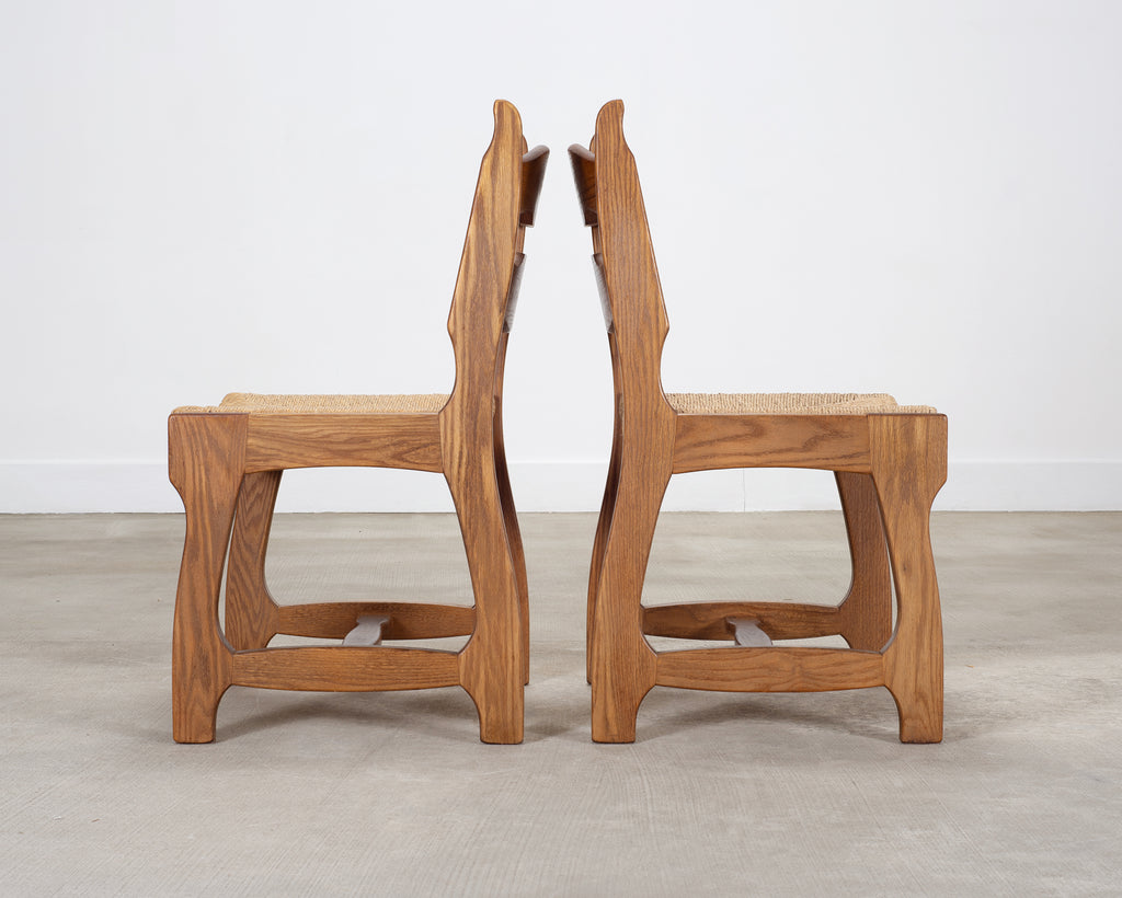 Set of Six French Brutalist Razor Blade Oak Rush Dining Chairs