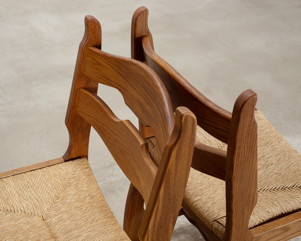 Set of Six French Brutalist Razor Blade Oak Rush Dining Chairs