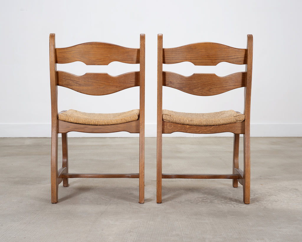 Set of Six French Brutalist Razor Blade Oak Rush Dining Chairs