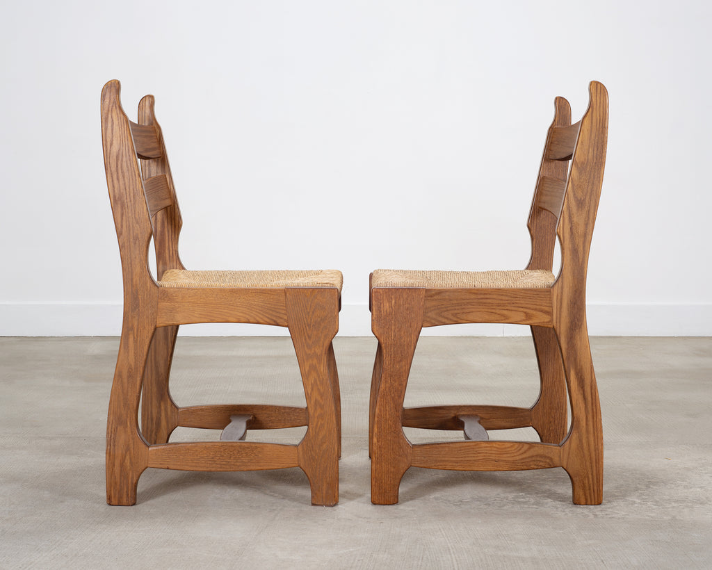 Set of Six French Brutalist Razor Blade Oak Rush Dining Chairs