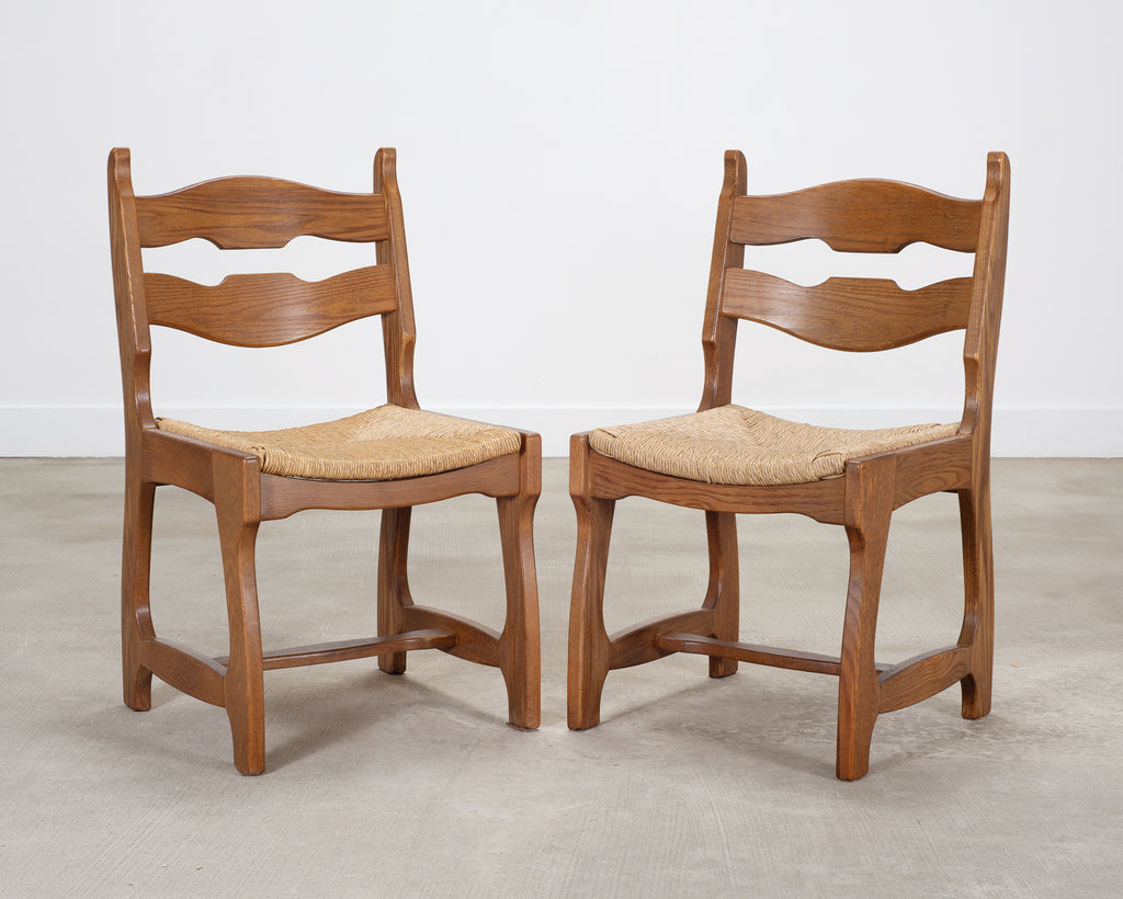 Set of Six French Brutalist Razor Blade Oak Rush Dining Chairs