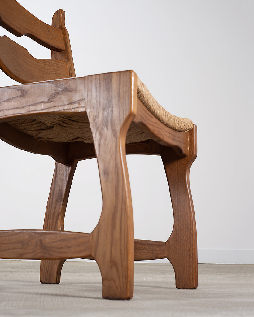 Set of Six French Brutalist Razor Blade Oak Rush Dining Chairs