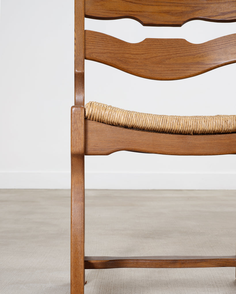 Set of Six French Brutalist Razor Blade Oak Rush Dining Chairs