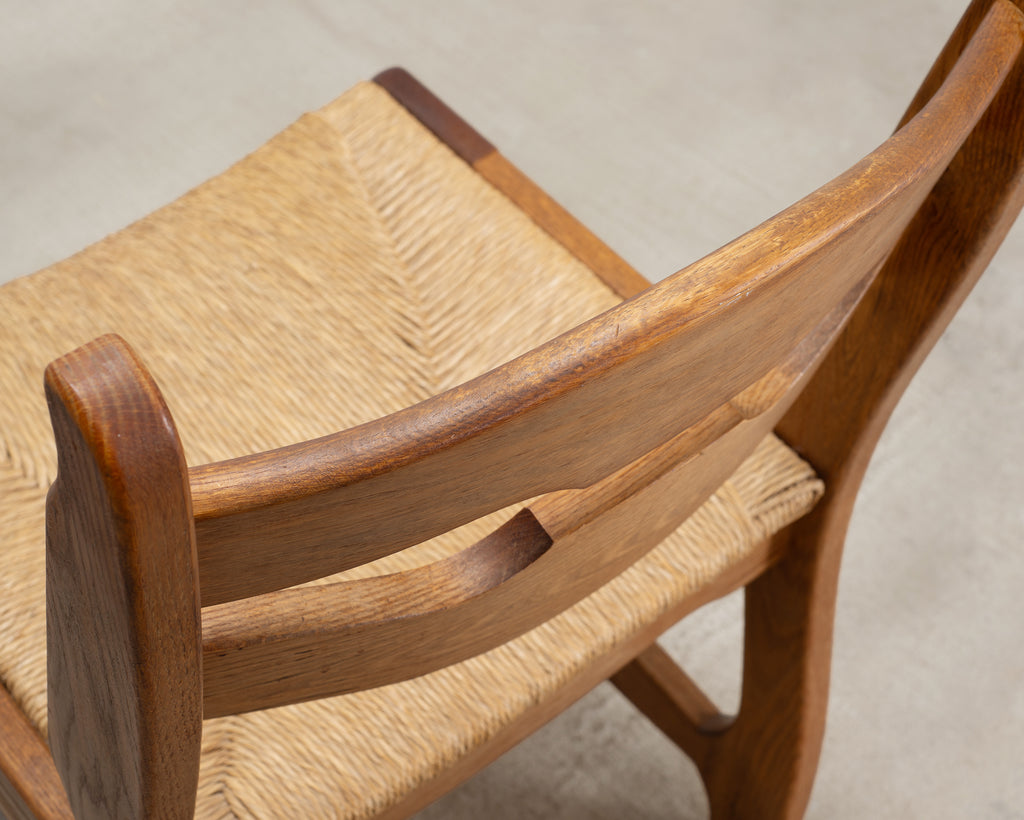 Set of Six French Brutalist Razor Blade Oak Rush Dining Chairs