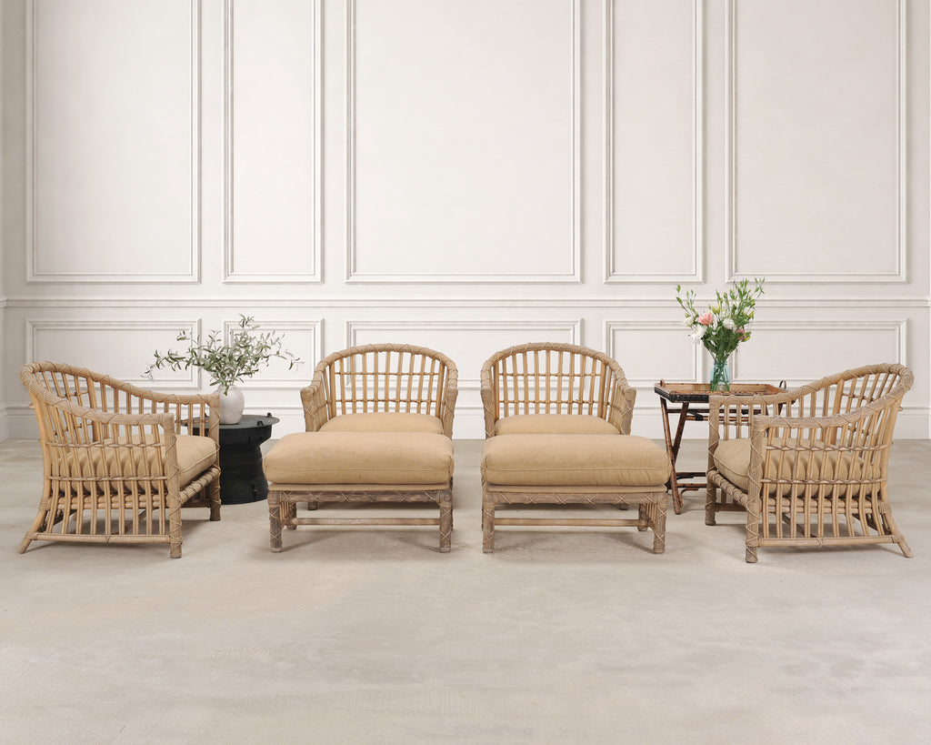 Set of Six Rattan Lounge Chairs & Two Ottomans by Danny Ho Fong