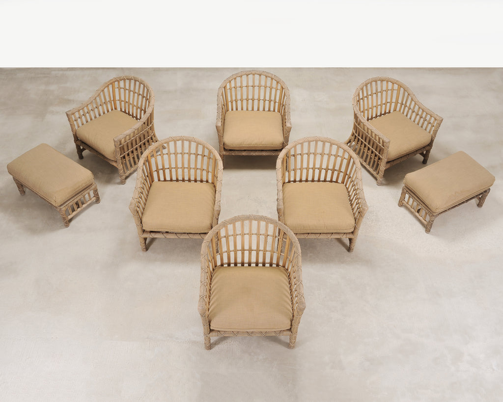 Set of Six Rattan Lounge Chairs & Two Ottomans by Danny Ho Fong