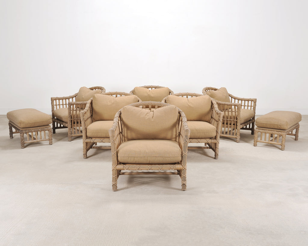 Set of Six Rattan Lounge Chairs & Two Ottomans by Danny Ho Fong