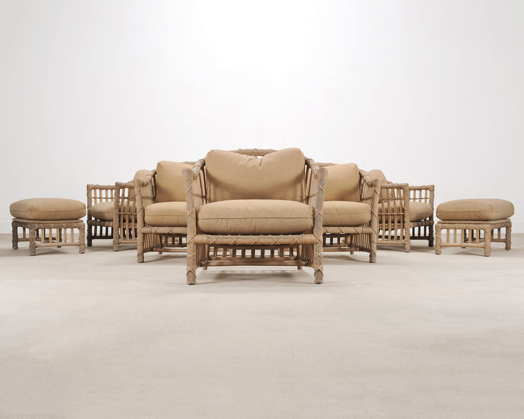 Set of Six Rattan Lounge Chairs & Two Ottomans by Danny Ho Fong