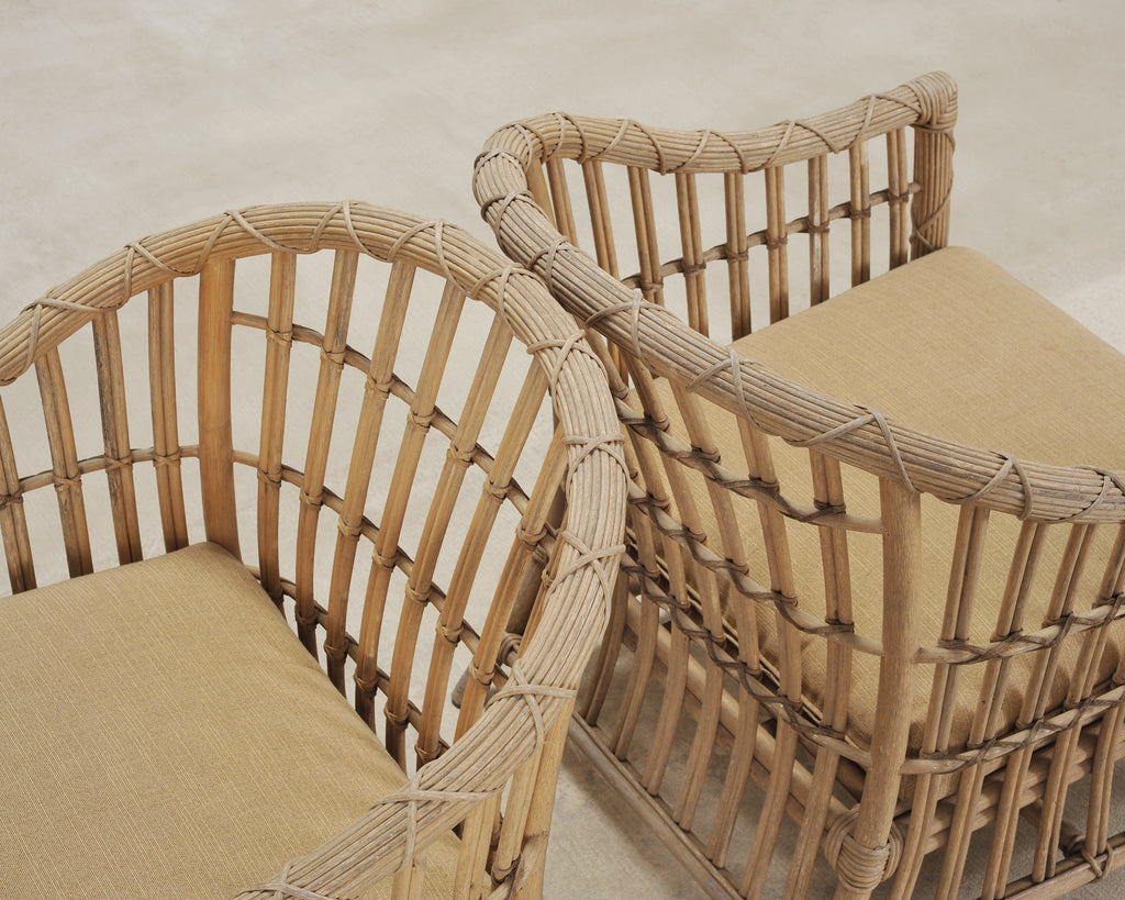Set of Six Rattan Lounge Chairs & Two Ottomans by Danny Ho Fong